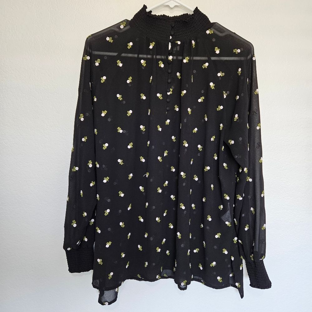 Cabi | Alegria 5338 Embroidered Floral Sheer Smock Mock Neck Blouse Womens Small